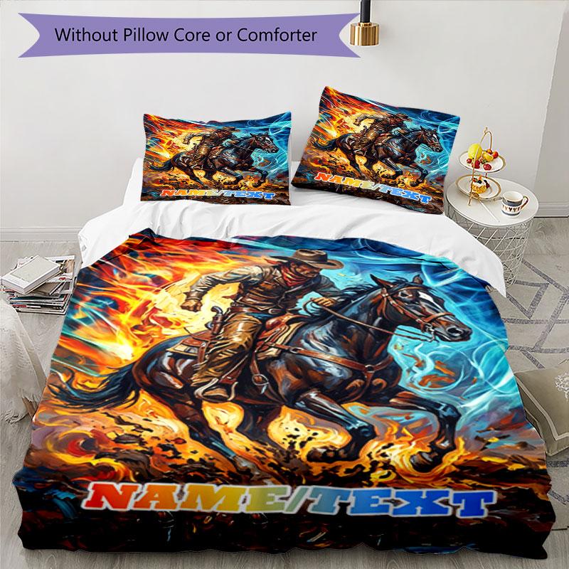 3PC Custom Name Rider Fire Horse Bedding Set Printed  Bedding Set Duvet Cover Closure Includes 1 Duvet Cover & 31 Pillowcases for Bedroom