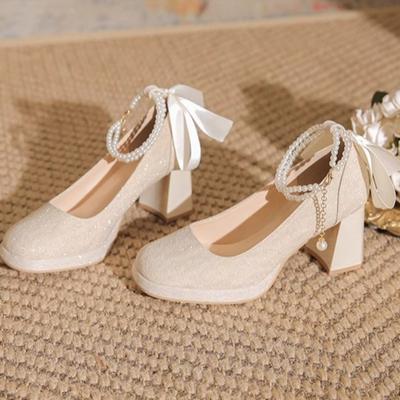 Fashion Women's Chunky Single Shoes Spring New Square Head Shallow Mouth Sequin Bead Butterfly Knot Anti-slip Wear-resistant High Heels