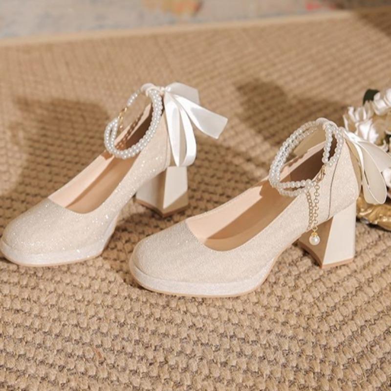 Fashion Women's Chunky Single Shoes Spring New Square Head Shallow Mouth Sequin Bead Butterfly Knot Anti-slip Wear-resistant High Heels