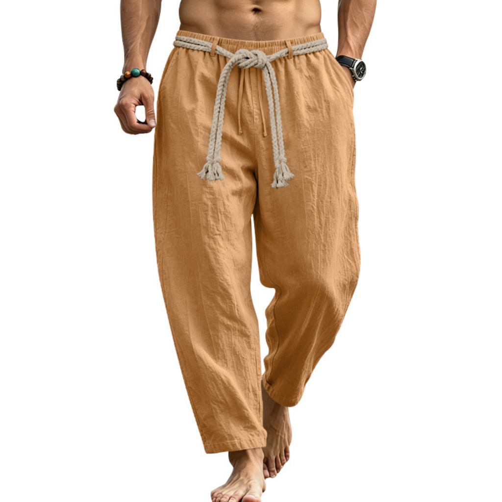 Men's Linen Drawstring Pants Lightweight Breathable Straight Leg Trousers Casual Summer Vacation Commuting Pants