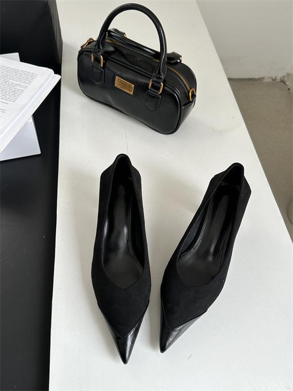 2025 Spring and Summer New Korean Version Fashion Temperament Suede Splicing High Heels Pointed High Heels Single Shoes