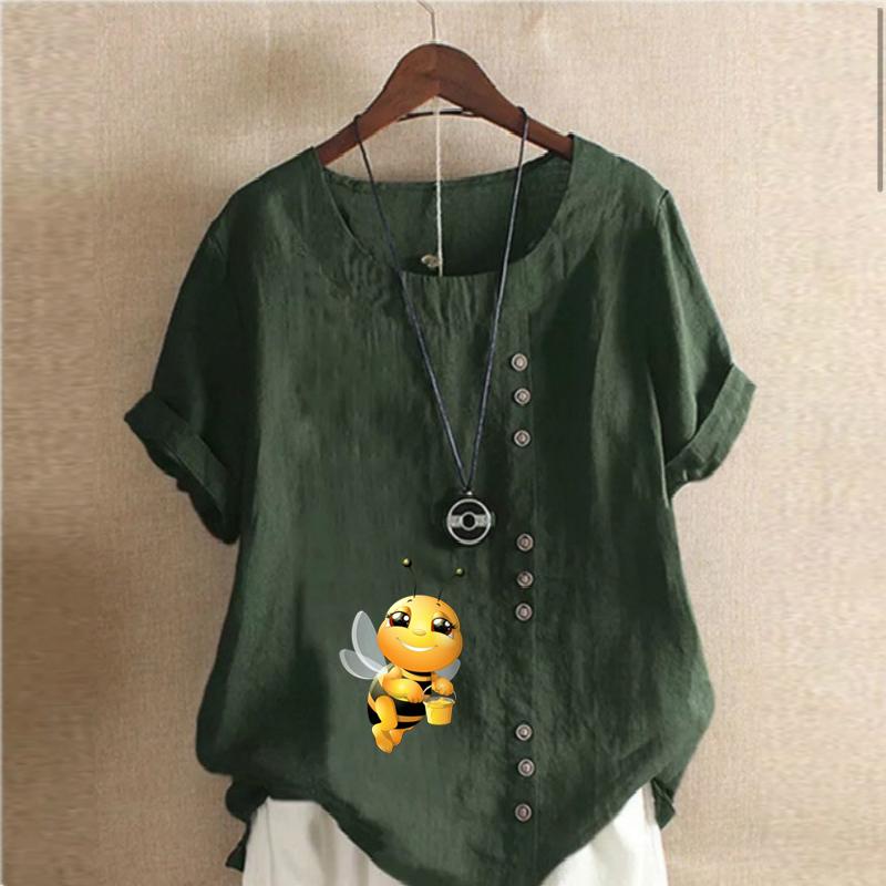 Damenmode T-Shirt mit Honigbienen-Print, Rundhalsausschnitt, kurzärmelig, lässig, Baumwolle, Leinen, Grafik, Freizeit, lockere Sommerbluse