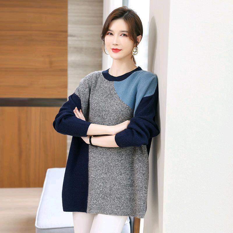 Sweater for Women Autumn Winter Color Blocking Pullover Warm Knitted Stretchy Long Sleeve Oversize Jumper Tops
