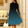 Women Long Sleeve Round Neck Midi Dress Boho Watercolor Plum Blossom Stripe Branch Dot Print Flared Dress