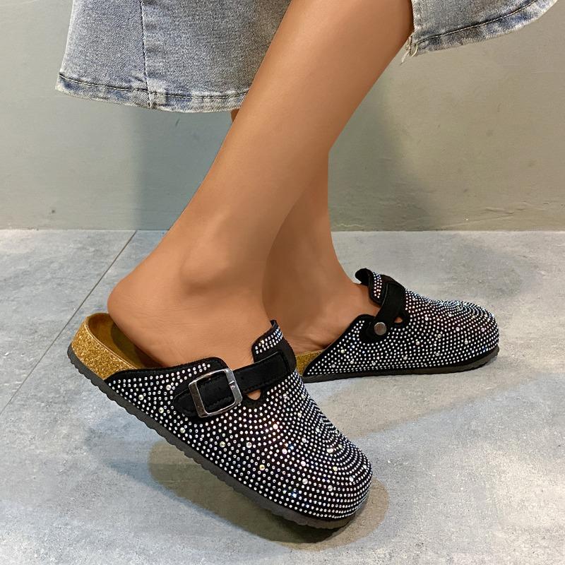 Female Mary Jane Rhinestone Plus Size 45 Round Toe Buckle Cork Slippers