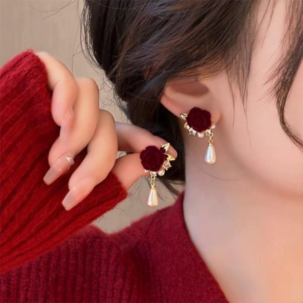Vintage Rose Pearl Ear Studs Geometric Autumn Winter Earring Wine Red New Year Earring Wedding