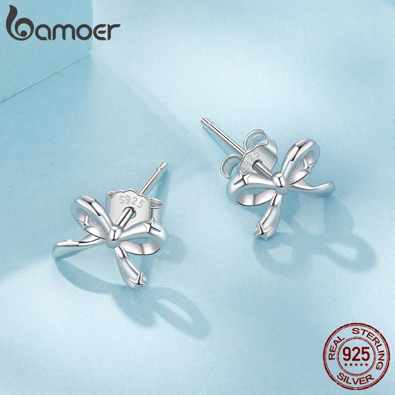 BAMOER 925 Sterling Silver Rosett Örhängen Dam Födelsedagssmycken Enkla Rosett Öronspännen Studentflicka Partygåva