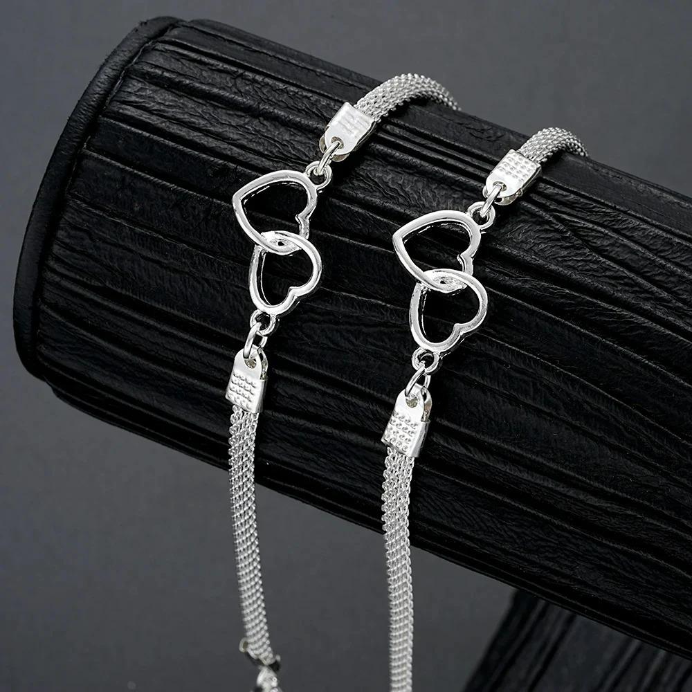 2Pcs/Set Love Heart Couple Bracelets for Women Men Silver Color Double Layer Matching Chain Bracelet Lover Jewelry Wedding Gift