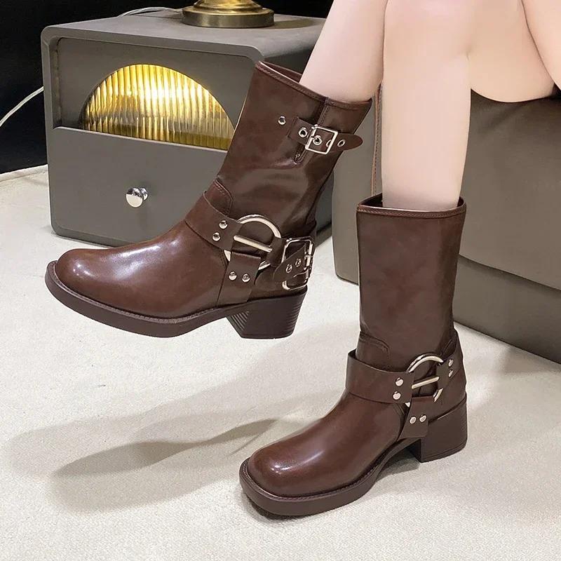 New Winter Denim Boots Women's Retro Brown Belt Buckle Round Head High Boots  Boots Knee Length Boots