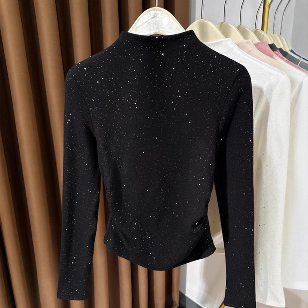 Autumn and winter semi-turtleneck German velvet warm bottoming shirt women's new sequined pleated soft waxy foreign style inner shirt
