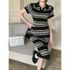 2025 Women's Knitted Striped Polo Dress - Slim Fit, Waist-Slimming, Mid-Length Trend