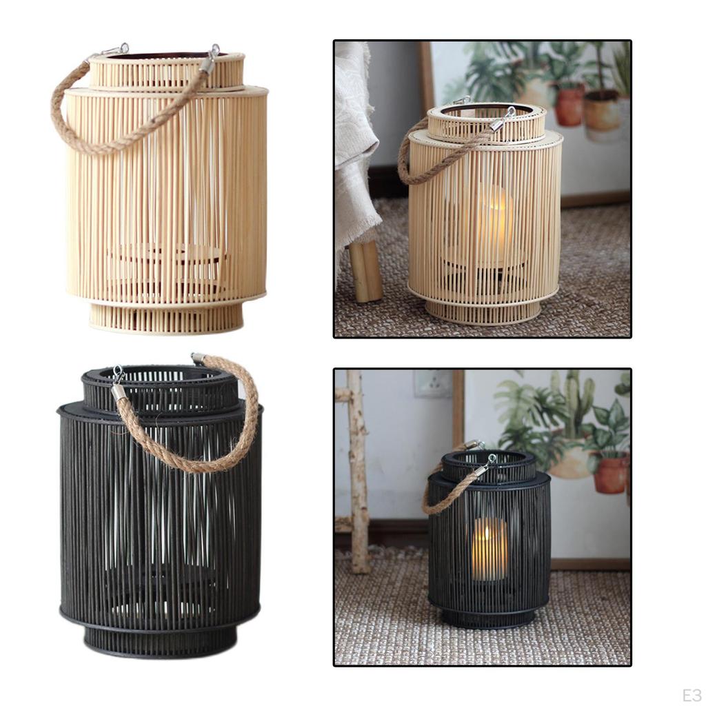 Pastoral Rattan Candle Lanterns Cage Holder Farmhouse Lantern Table Lamp for Indoor and
