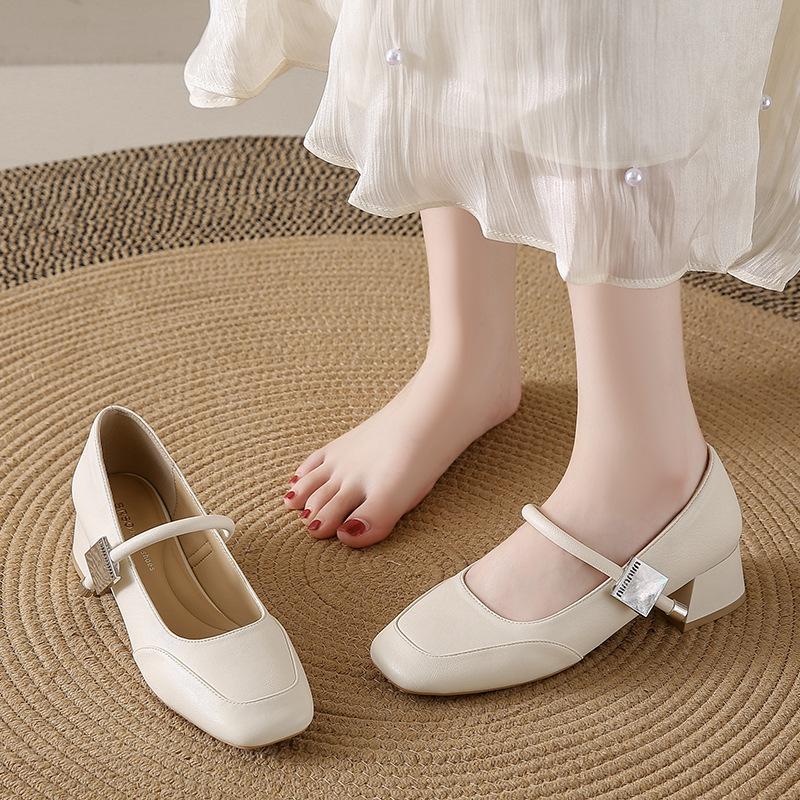 French Mary Jane Women'S Shoes Soft Leather Coarse Heel Late Evening Wind Small Leather Shoes Versatile High Heels Medium Heel Single Shoes