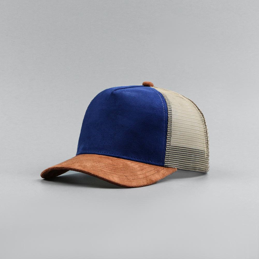 Lederetikett Individuelles Logo Fünf-Panel Wildleder Baseballkappe Herren und Damen Frühling und Sommer Farbkombination Netz Trucker Cap 56-60cm&print logo