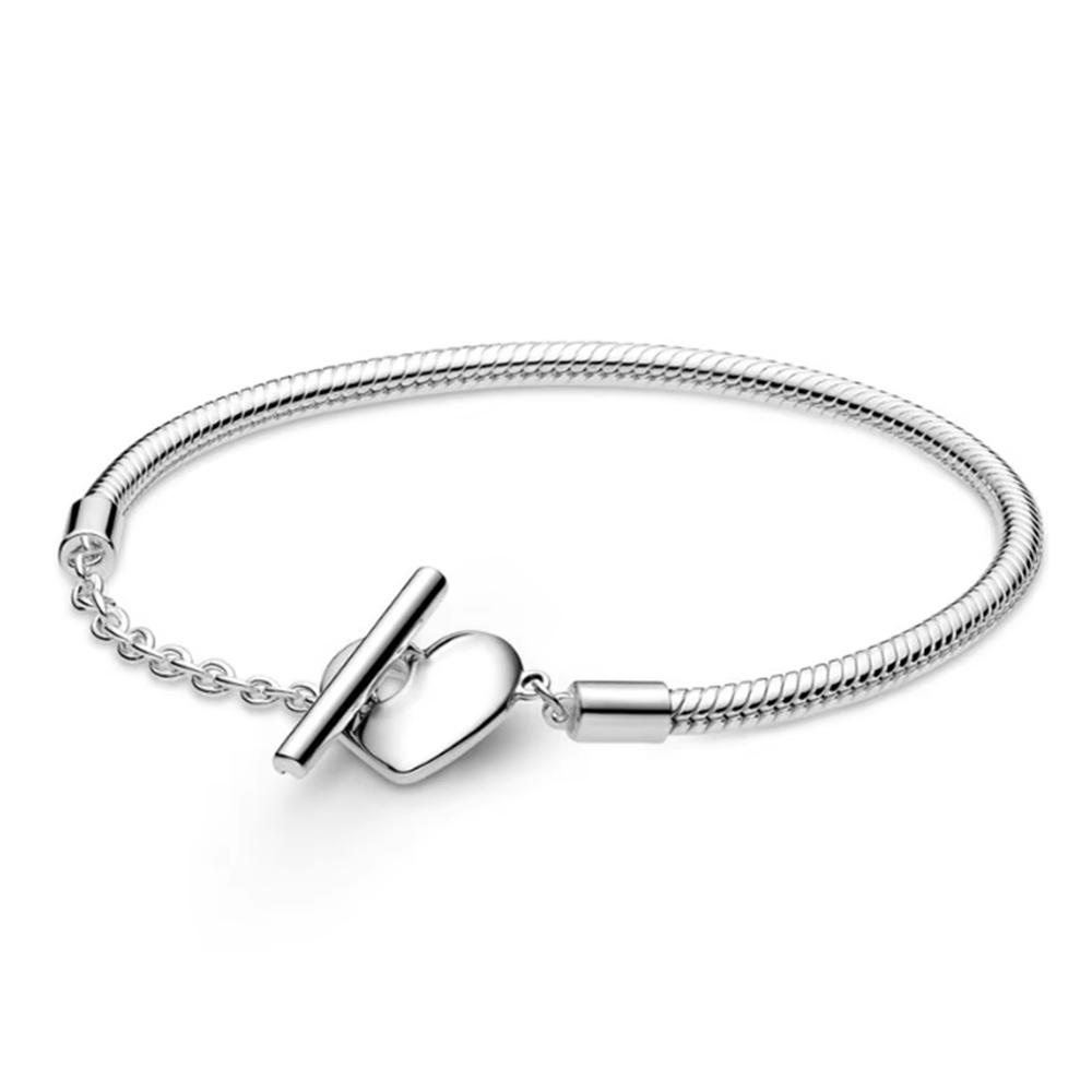 925 Silver Women's Bracelet with Heart T-shaped Buckle and Adjustable Bracelet, Fashionable DIY Jewelry Gift