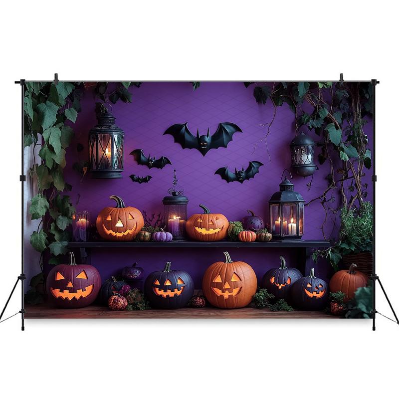 Mocsicka Halloween Photography Background Purple Wall Bat Autumn Leaf Pumpkin Party Decorations Child Baby Photo Backdrop Banner