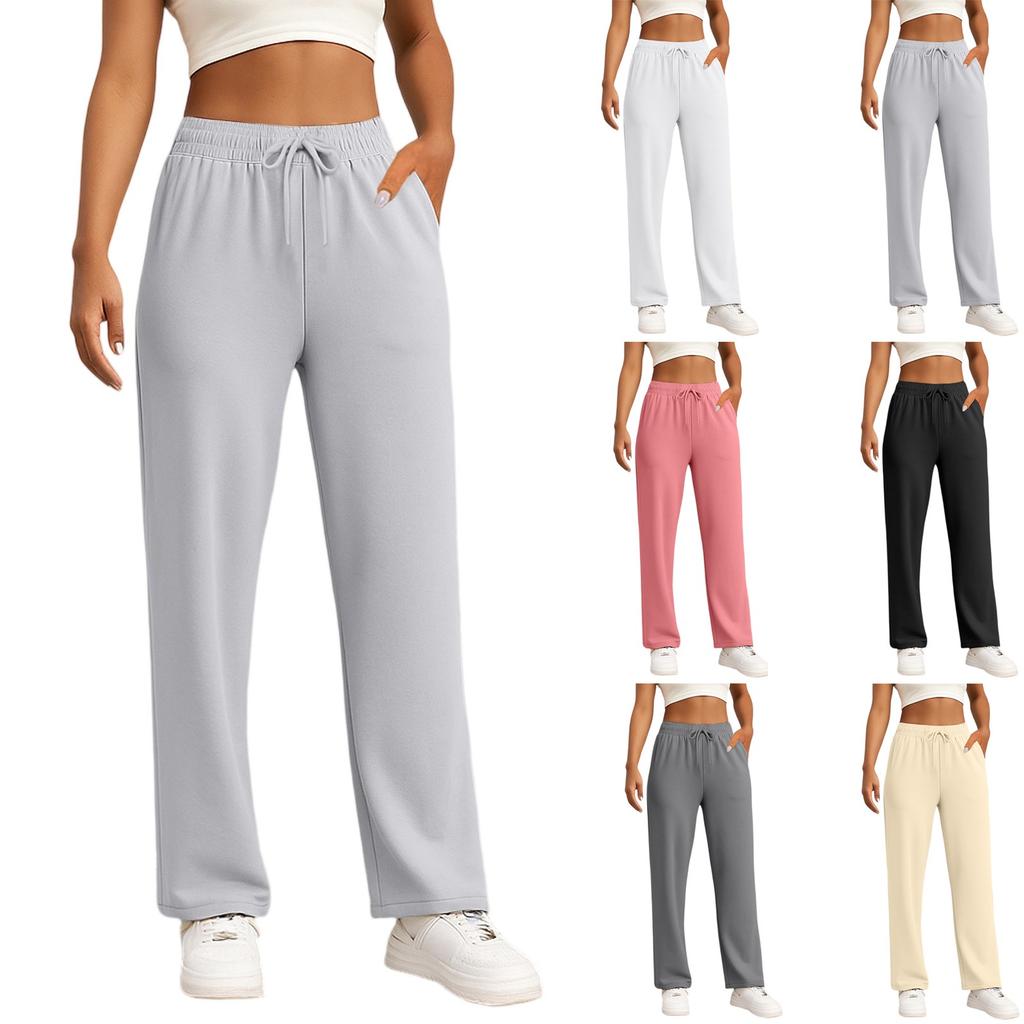 Pantalon droit tendance de couleur pour femme avec taille haute à cordon de serrage, poches et ceinture élastique, pantalon décontracté