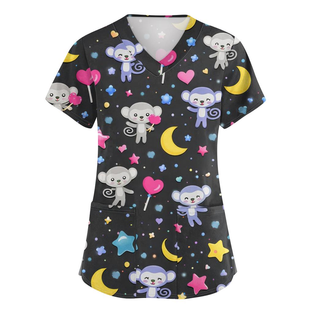 Women's Casual Short-Sleeve Cute Animal Print V-Neck Pocket Workwear Top