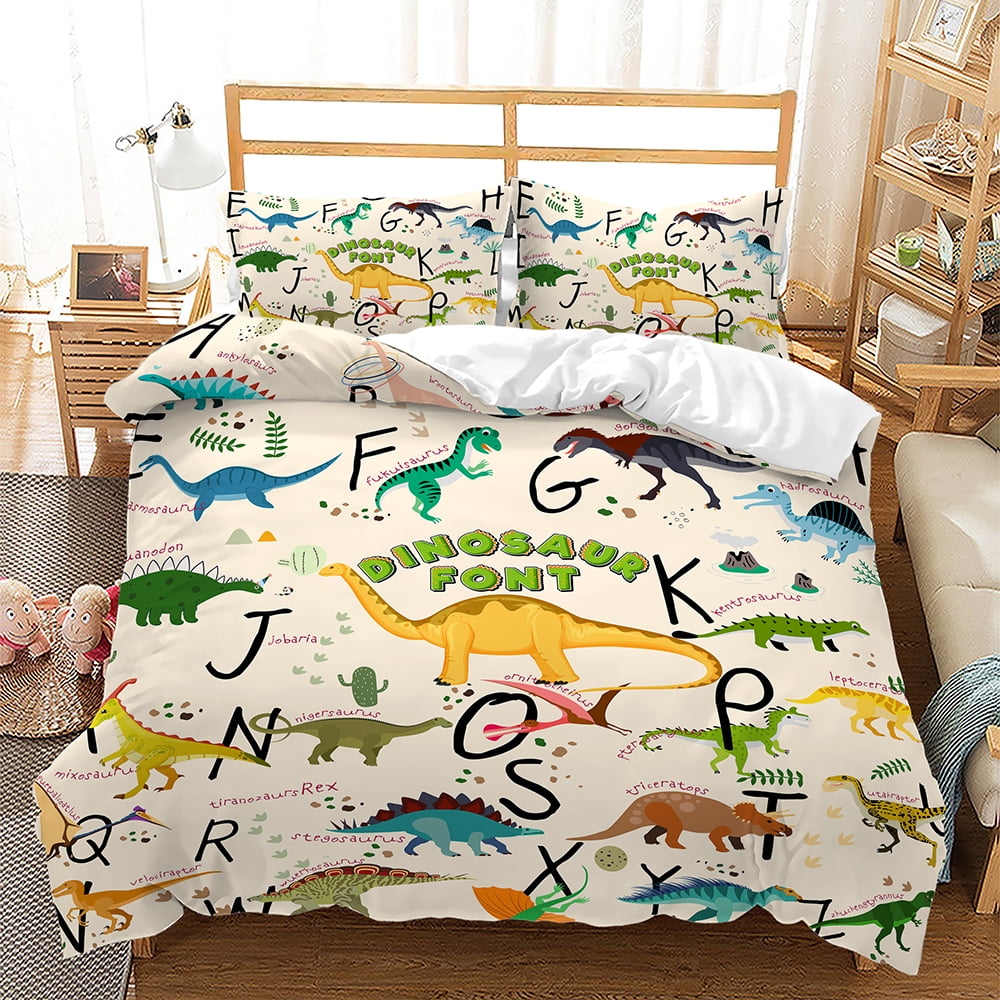 Colourful Dinosaur Duvet Cover For Kids Boys Girls Cartoon Dino Comforter Cover Floral Grass Mountain Bedding Set Wild Animal