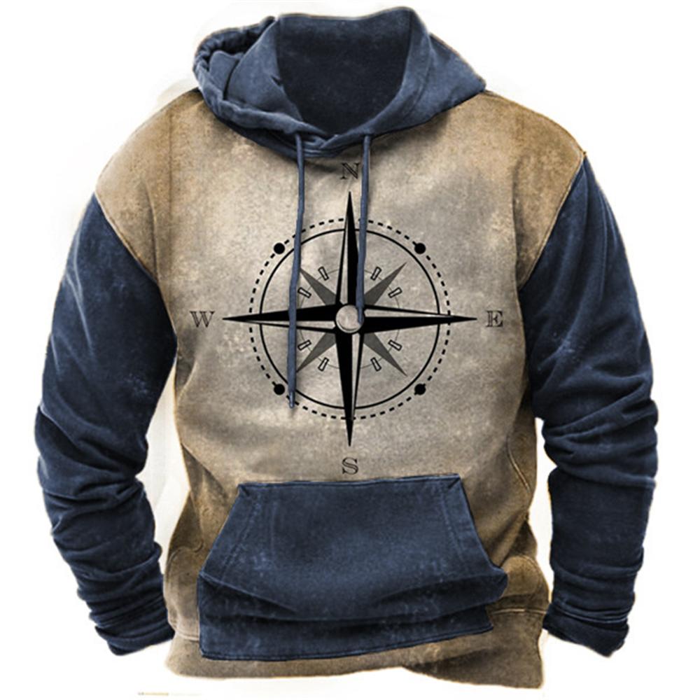 Herren Vintage Pullover Nautische Karte Kompass Druck Hoodies Herbst Täglich Lockeres Sweatshirt Männliche Oberteile Lässige T-Shirts Übergroße Kleidung