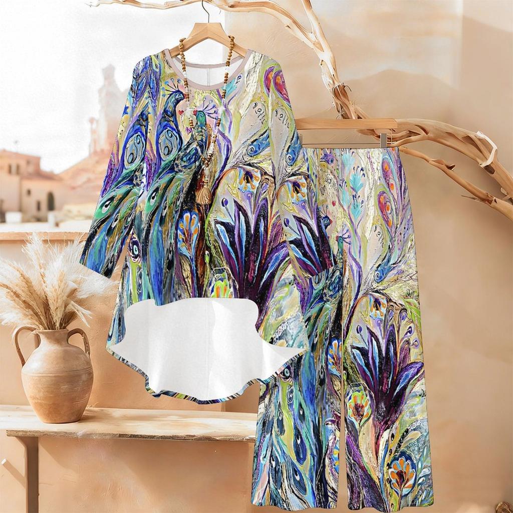 Distressed Floral Print Two Piece Outfit Women Long Sleeve Irregular Hem Tunic Top Wide Leg Pants Casual Matching Set