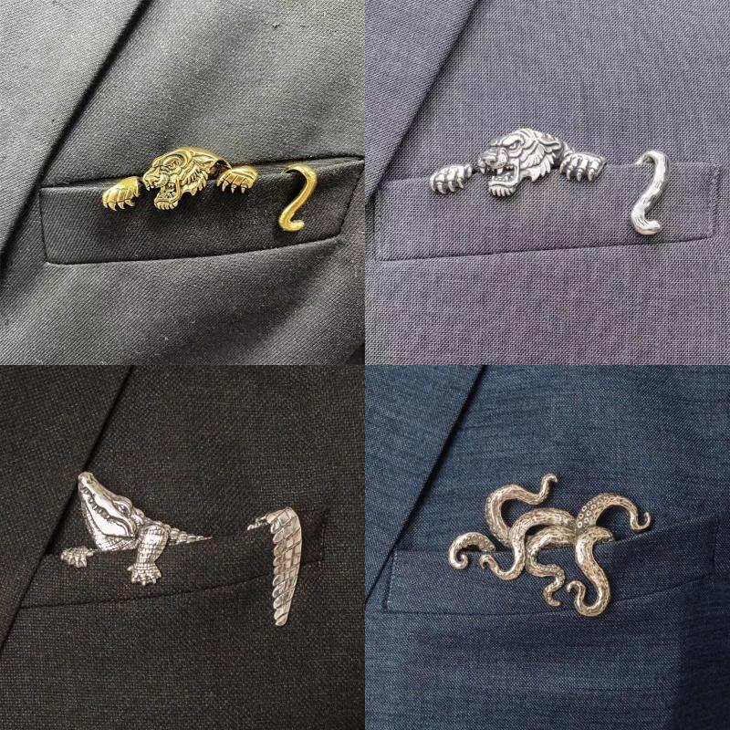 Vintage Crocodile Tiger Shaped Engraved Men's Suit Lapel Pin Classic Formal Accessory Pins For Men Suits