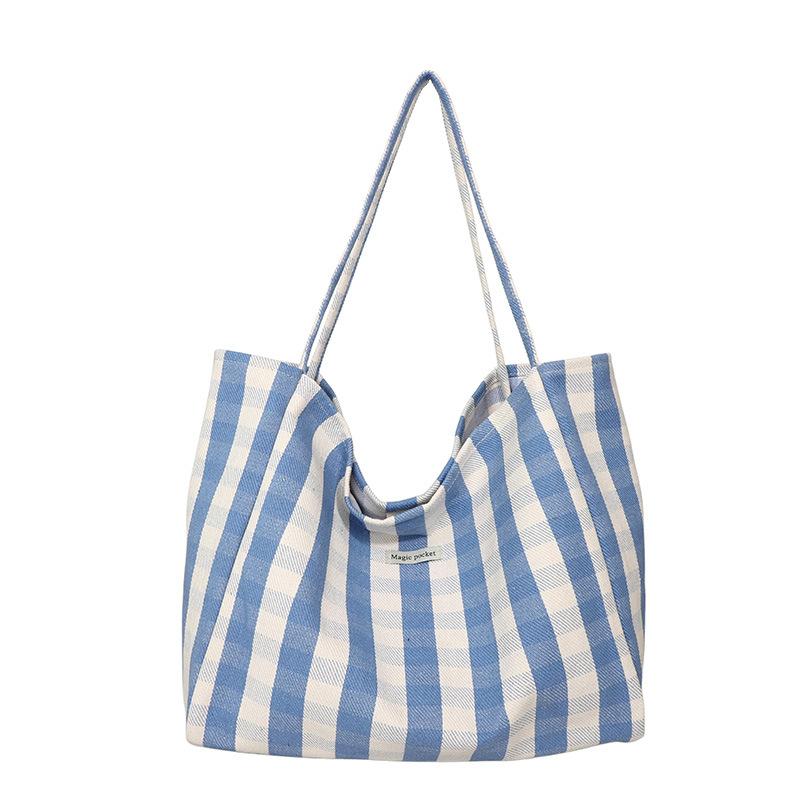 Striped plaid canvas bag women's new trendy fashion college style tote bag large capacity shoulder bag