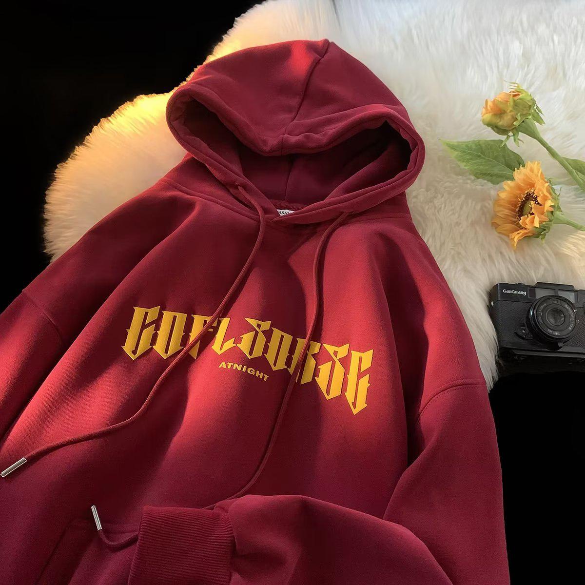 

Мужская толстовка с капюшоном и буквенным принтом - весна/осень, ретро-модный повседневный топ XL бордовый