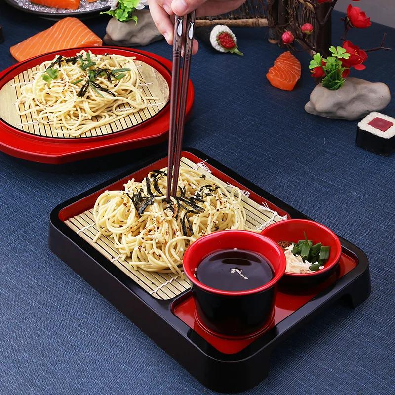 Japanese Style Cold Noodle Dish Paired with Bamboo Mat Plate and Japanese and Korean Tableware