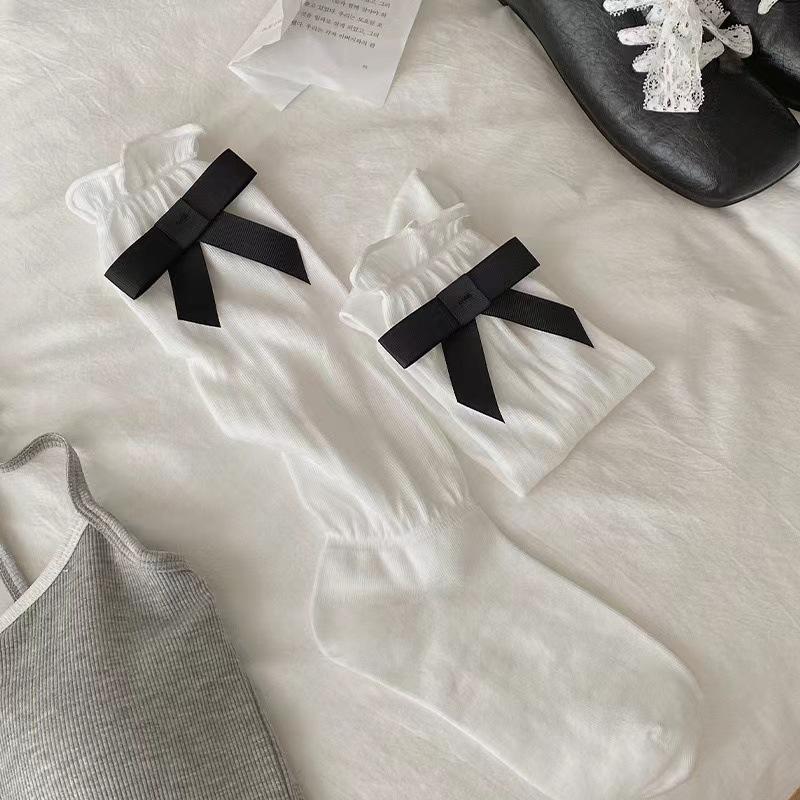 Black, White and Grey Bow Mid-calf Socks, White Ballet-style Socks, Princess-style Autumn Trendy Socks