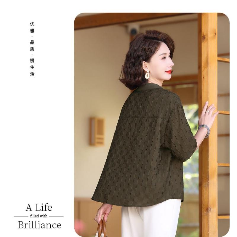 Women's Olive Green V-Neck Half-Sleeve Blouse Loose Breathable Casual Office Top