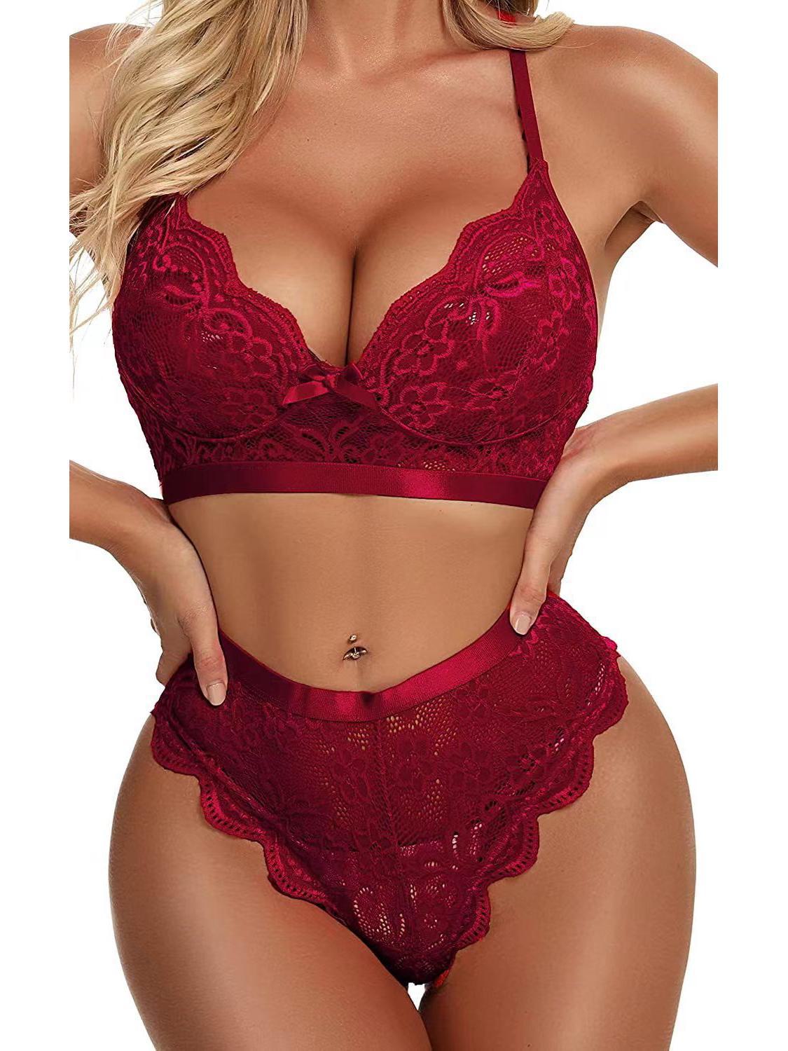 

Европейский и американский сексуальный кружевной комплект нижнего белья из двух частей XXL кларет