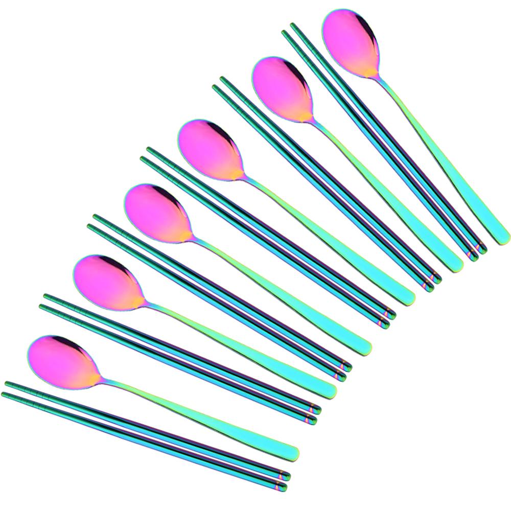 Jankng Batı 6'lı Set ( 12 parça ) Siyah Yemek Takımı 304 Paslanmaz Çelik Sofra Takımı Uzun Saplı Kaşıklar Çubuklar Metal Kore Gümüş Eşya Seti