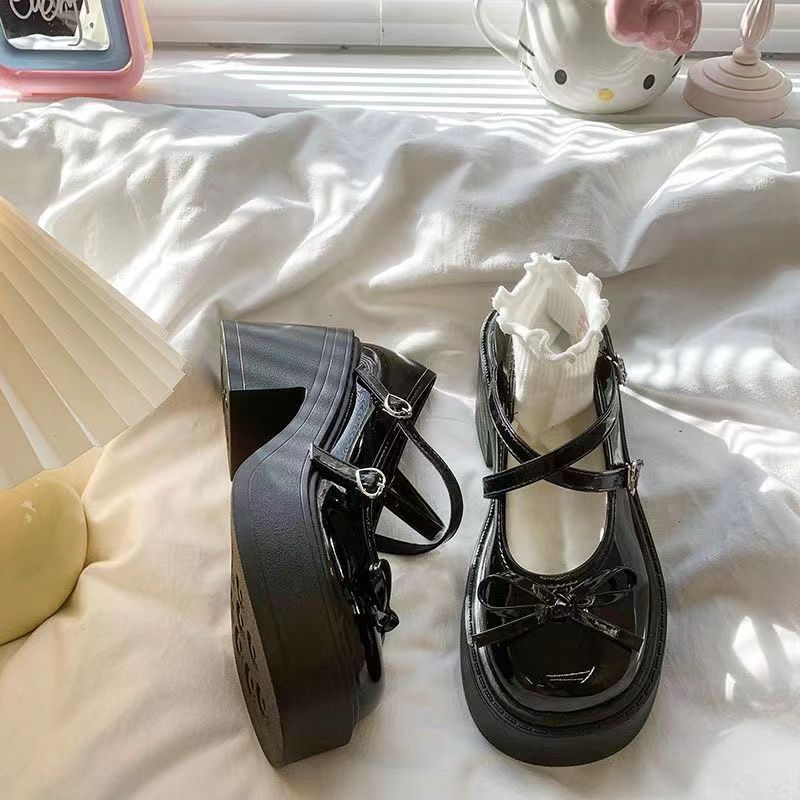 Bow thick high-heeled small leather shoes women's summer new Japanese jk heightening French versatile Mary Jane single shoes