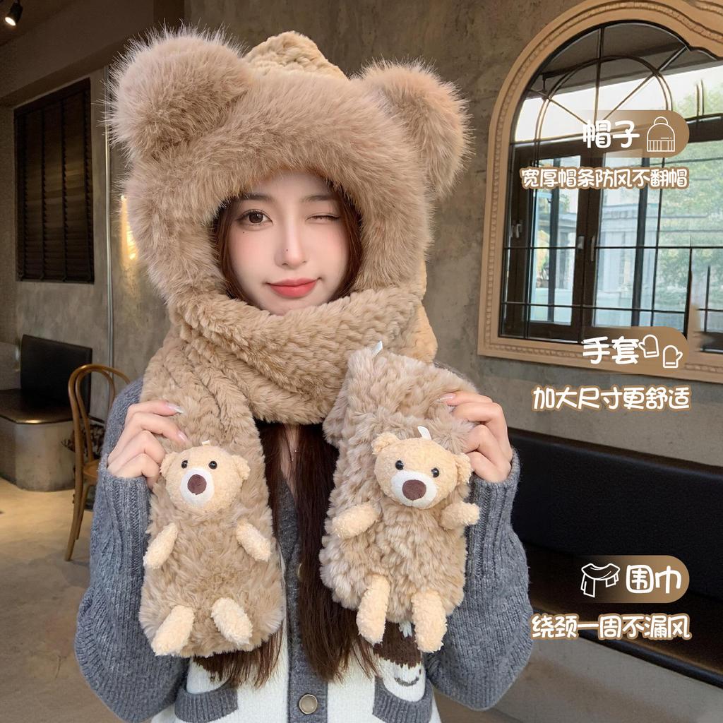 Winter warm plush hat new scarf gloves integrated cute bear three-piece set female cycling ear protectors