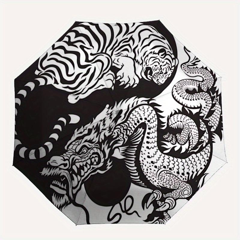 1pc Tiger Dragon YinYang Automatic Open/close, Heavy-Duty Iron Frame & 8-Rib Structure, Compact Folding Umbrella for Women/Men, All-Season Travel, Hal