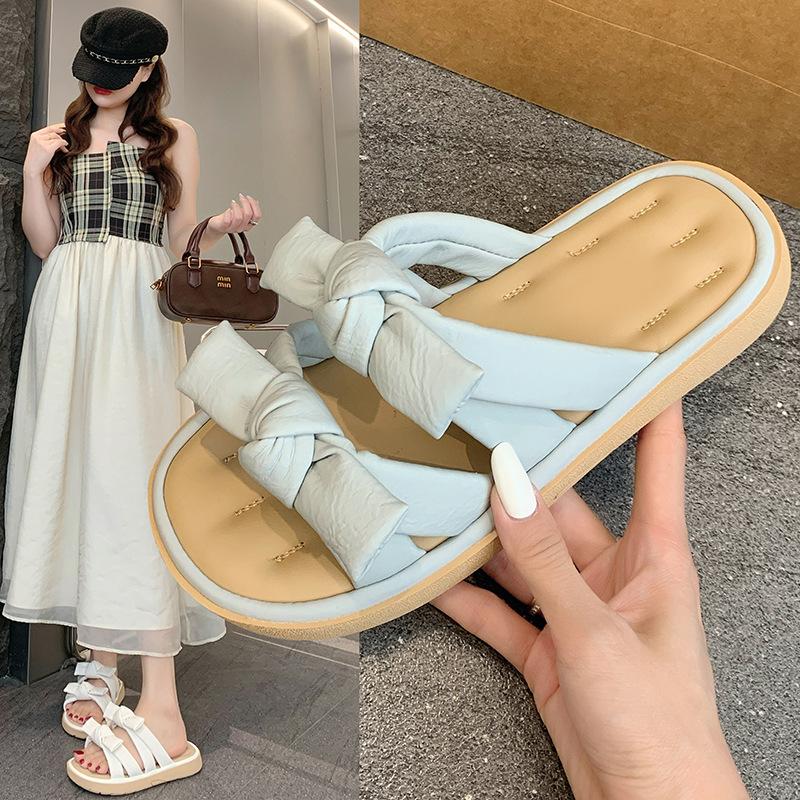 Fashion Fairy Style Bow Outer Wear Sandals and Slippers 2025 Summer New All-Match Flat Beach Slippers