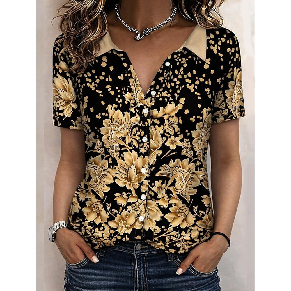 Summer Women's Hawaiian Tropical Pattern Shirt Lapel Collar Short Sleeve Casual Button Up Shirts for Vacation Outfits Tops
