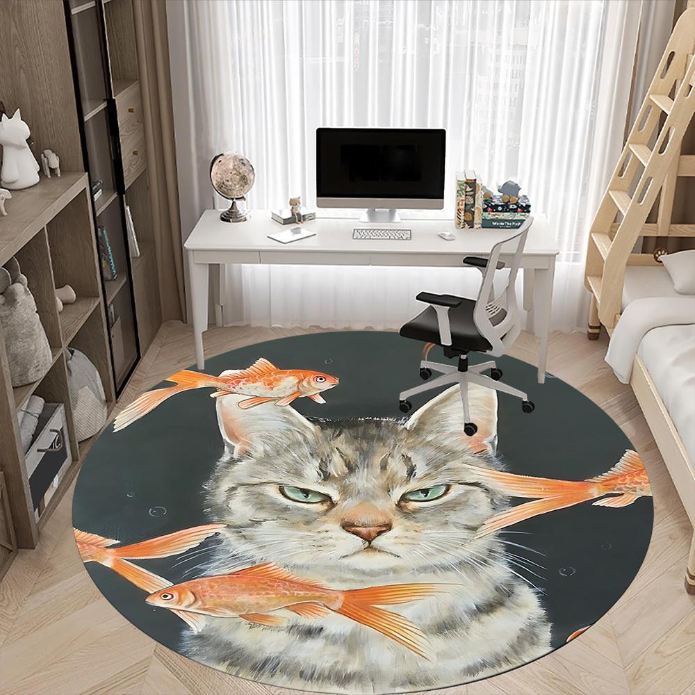 1PC Cat Fish Office Round Area Rug, Indoor Mat Suitable ForOffice, Under Office Chairs Bedroom Living Room Home Decor, Room Deco,  F036