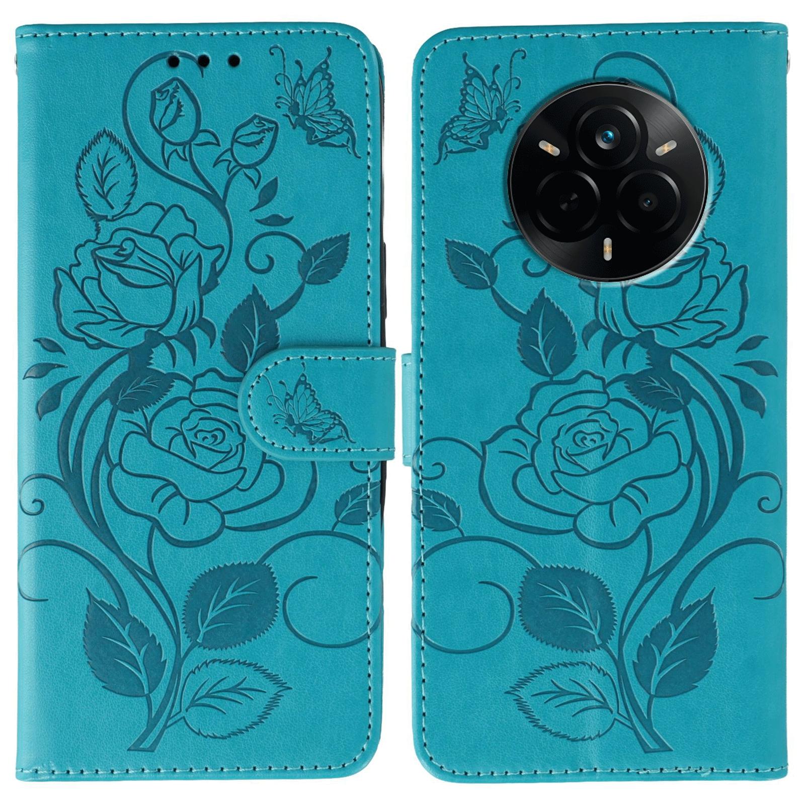 

For Realme 14 Pro 5G Case Wallet Stand Imprinted Rose Butterfly PU Leather Phone Cover Blue