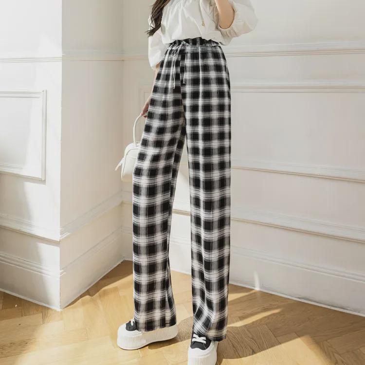 

Женские брюки-клеш Ice Silk Checkerboard Plaid Wide-Leg 2023 года — коллекция Весна/Лето/Осень One Size (80-145 jin)