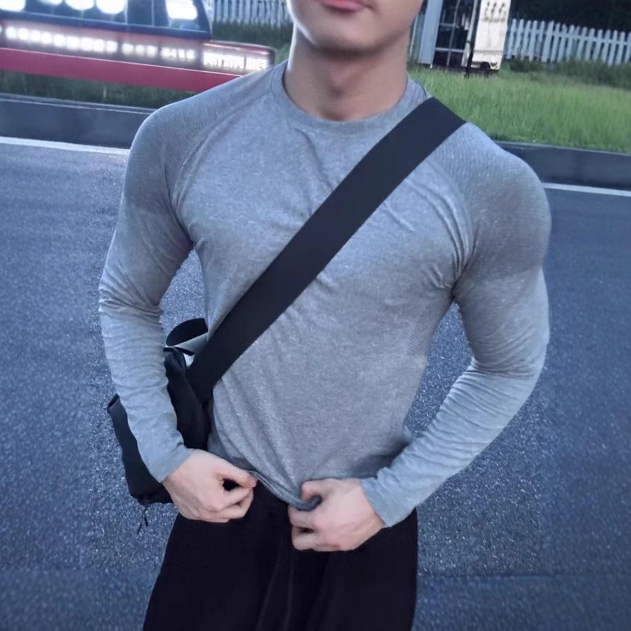 American Seamless Jacquard Muscle-Enhancing Long Sleeve Quick-Dry Slim Fit Round Neck Fitness Top