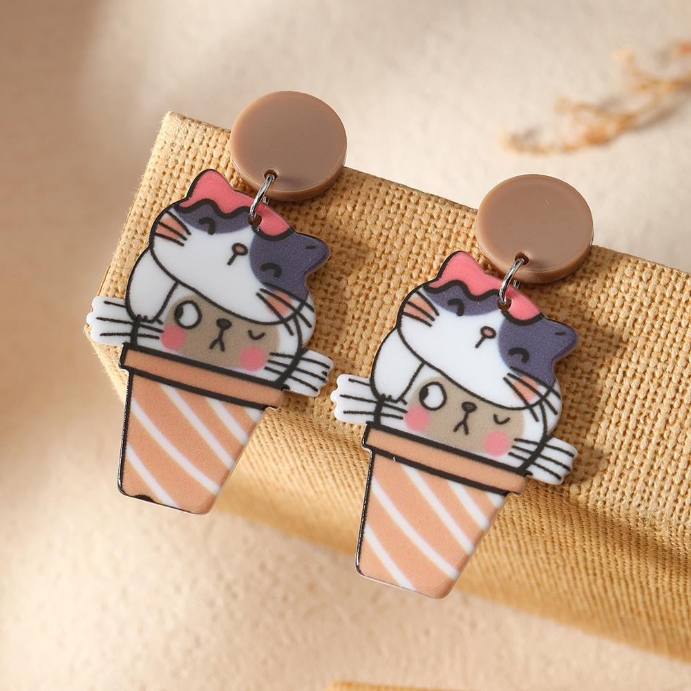 Cute Cartoon Lucky Cat Milk Tea Cup Earrings - Acrylic Ear Accessories