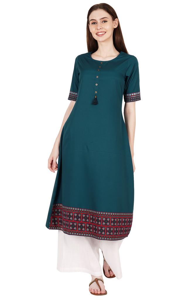 Phagun Solid A-Line Kurtis Pentru Femei Poly Crep Maneca Scurta Nasturi Long Ethic