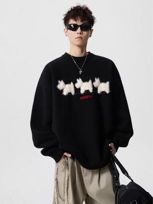 Men's Autumn/Winter Cartoon Embroidered Sweater - Casual Loose-Fit, Versatile Round Neck Knitwear for Couples