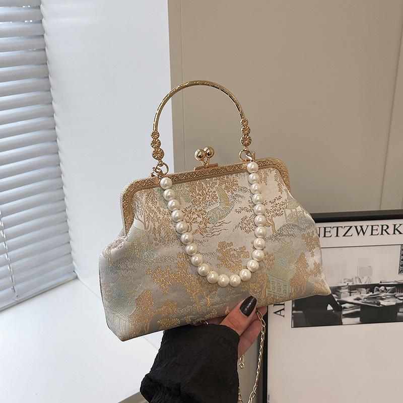 Embroidery bag women's new pearl chain messenger bag niche portable gold bag
