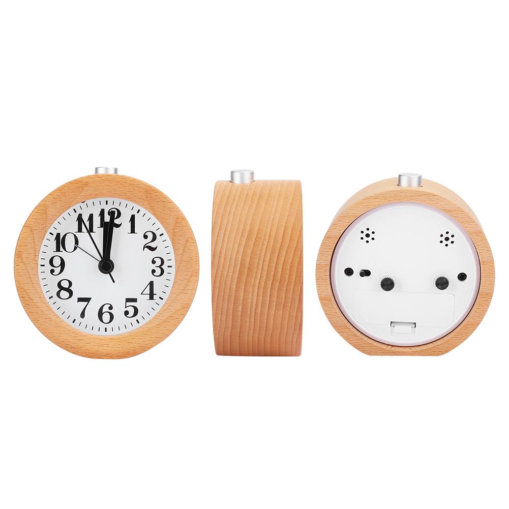 Beech Wooden Mute Silent Alarm Clock No Ticking for Home Office Desk Bedroom with LED Night