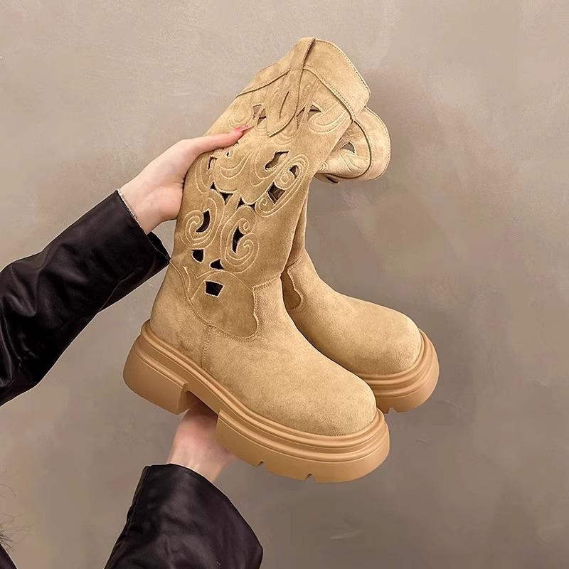 Retro western boots women's 2025 new autumn temperament versatile thick heel boots but knee hollow knight boots