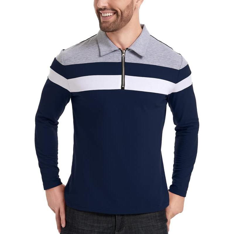 Men's Casual 1/4 Zipper Long Sleeve Polo Shirts Men Fashion Patchwork Stretch Cotton Shirt Slim Autumn Spring Work Outdoor Collared T Shirt EURO Size
