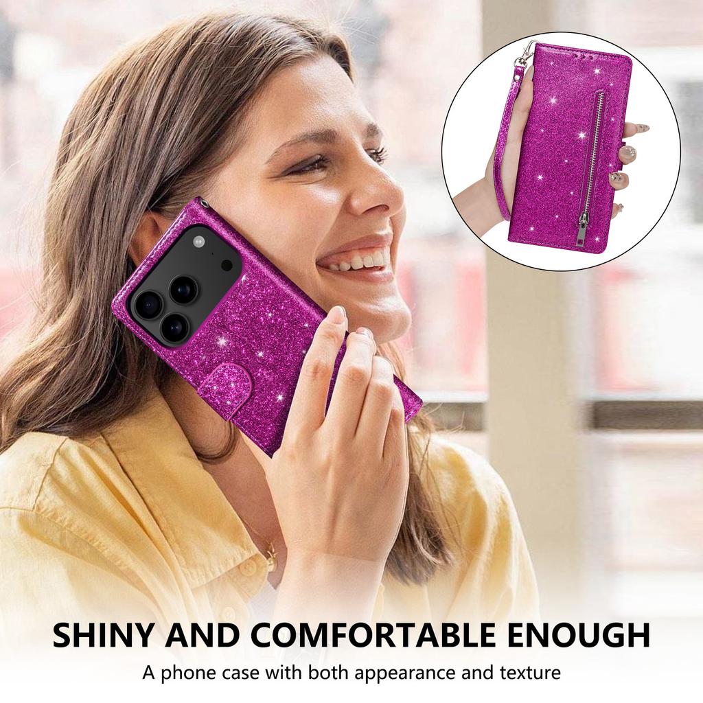 Reißverschluss Glitzer Leder Hülle für iPhone 17 Air 16 16E 15 14 13 12 11 Pro Max XS Max XR 8 7 Plus SE Flip Bling Geldbörse Handyhülle